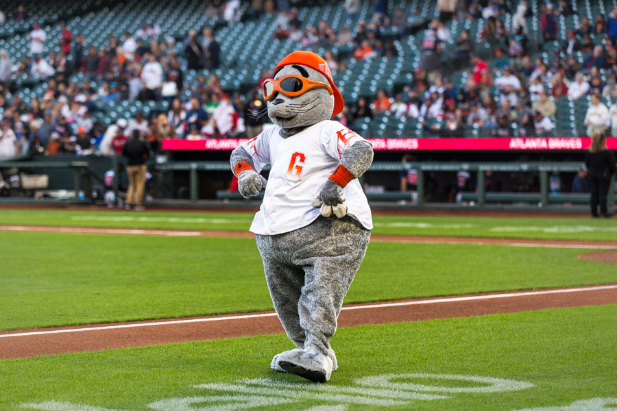 Lou Seal the Giants mascot puts his thumb down during a MLB game