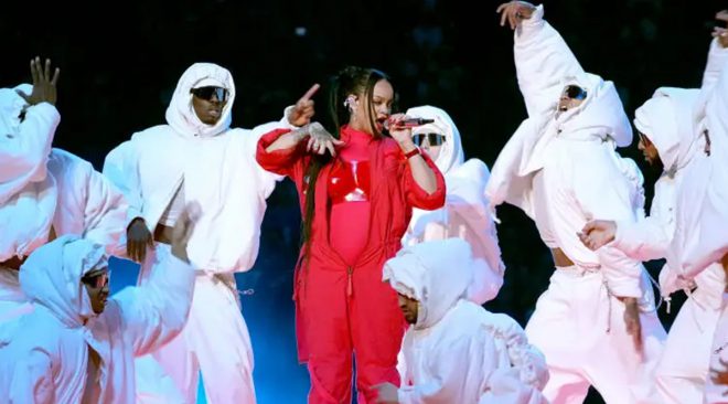 Rihanna stages elaborate pregnancy reveal at Super Bowl halftime show